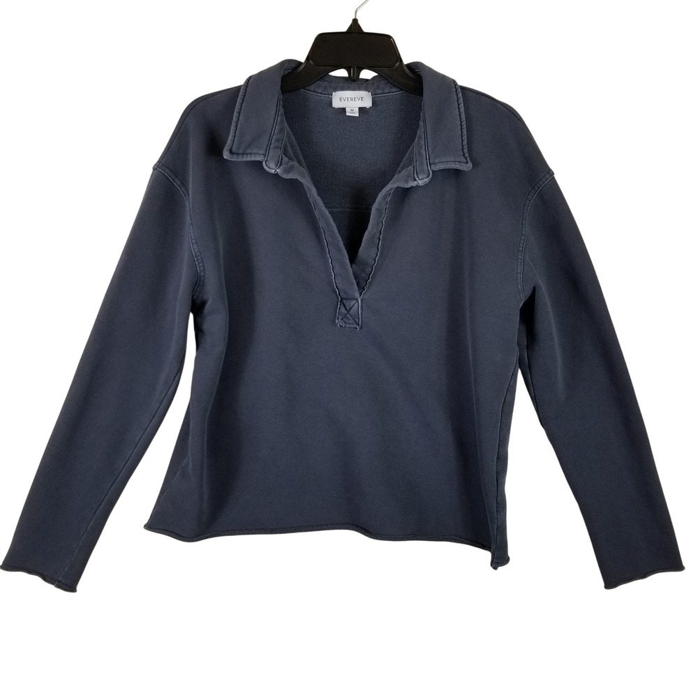 Evereve Womens Collared Sweatshirt Navy Blue Split Neck Pullover Size M RN114068
